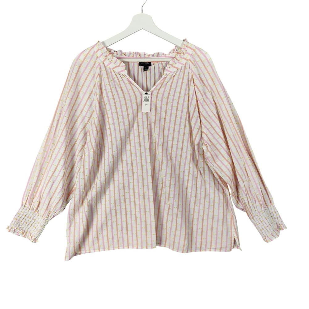 Talbots Women 2XP Cottage‎ Mature Stripe Pink Ruffle VNeck Long Sleeve Top NEW